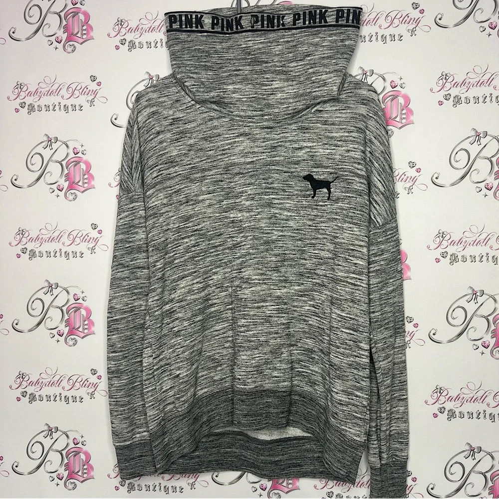 Victoria secret pink pull over hoodie sweater grey logo print neckline cozy